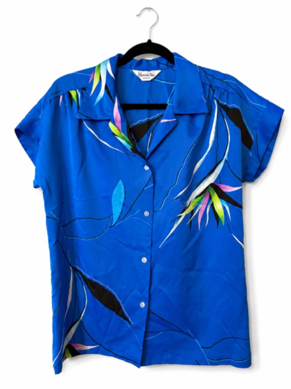 Vintage Hawaii Nei Honolulu Blue Tropical Hawaiian Button Front Blouse Top